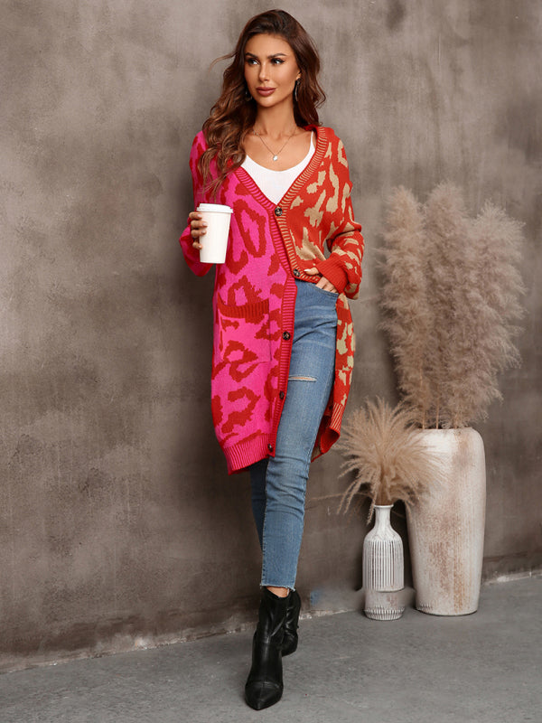 Beverly Women's Mid-Length Leopard Print Stitching Sweater Knitted Cardigan Coat