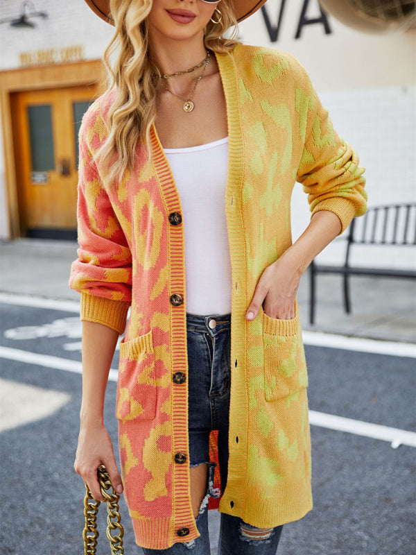 Beverly Women's Mid-Length Leopard Print Stitching Sweater Knitted Cardigan Coat