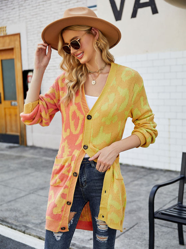 Beverly Women's Mid-Length Leopard Print Stitching Sweater Knitted Cardigan Coat
