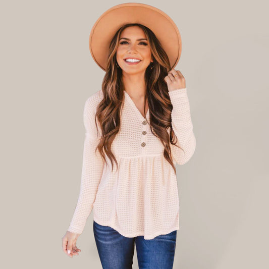 Havanna Women's Open Button V-Neck Knit Long Sleeve Top