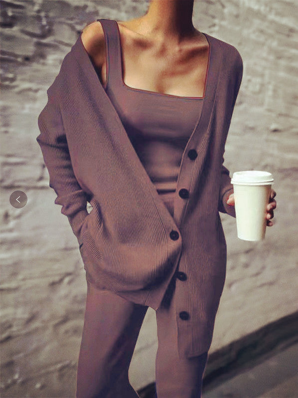 Emelia Women's Solid Color Casual Knitted Three-piece Suit