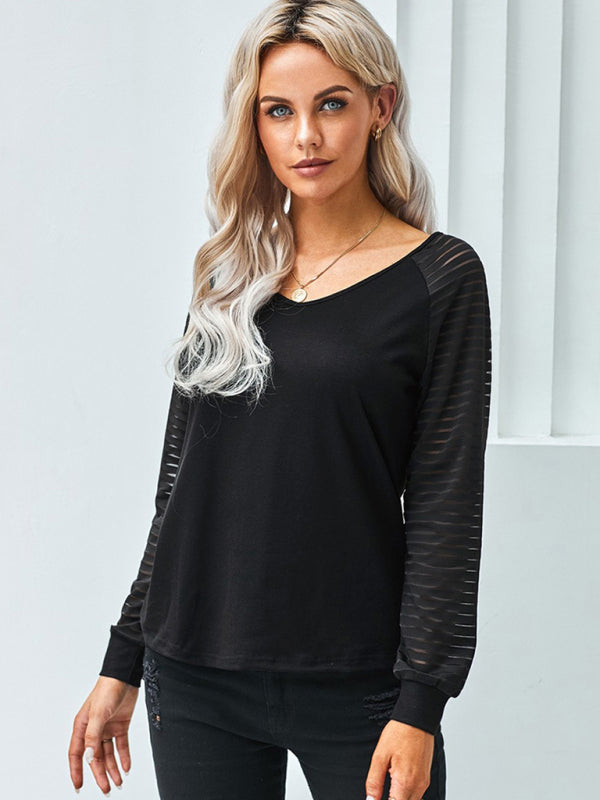 Kaitlyn Women's Stitching See-Through Striped Long-Sleeved V-Neck T-Shirt