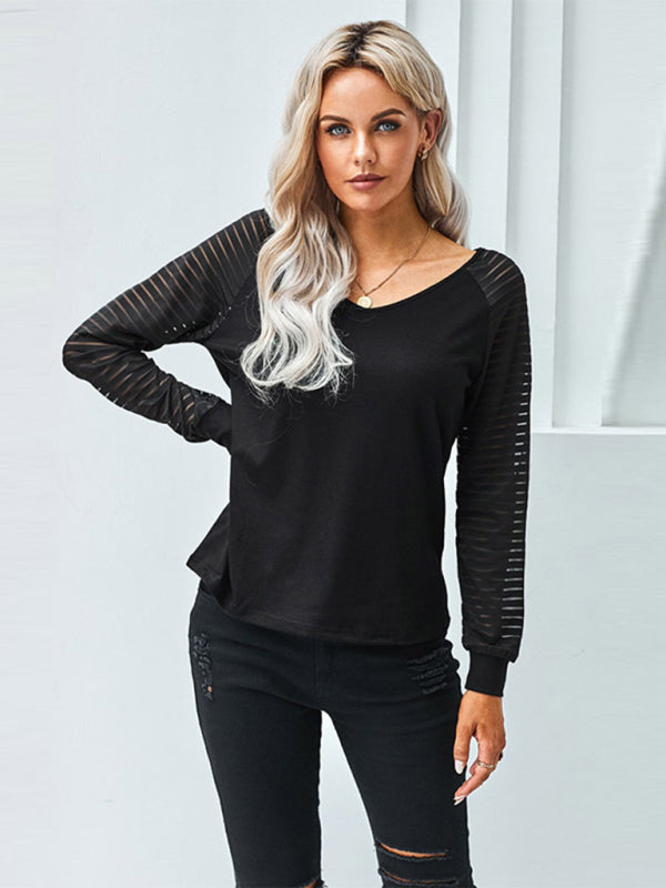 Kaitlyn Women's Stitching See-Through Striped Long-Sleeved V-Neck T-Shirt