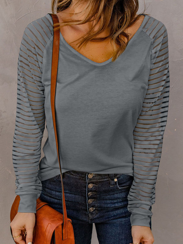 Kaitlyn Women's Stitching See-Through Striped Long-Sleeved V-Neck T-Shirt