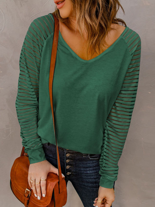 Kaitlyn Women's Stitching See-Through Striped Long-Sleeved V-Neck T-Shirt