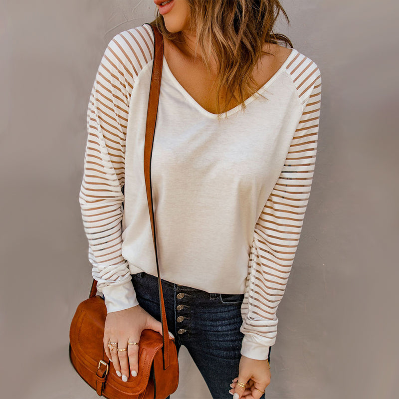 Kaitlyn Women's Stitching See-Through Striped Long-Sleeved V-Neck T-Shirt