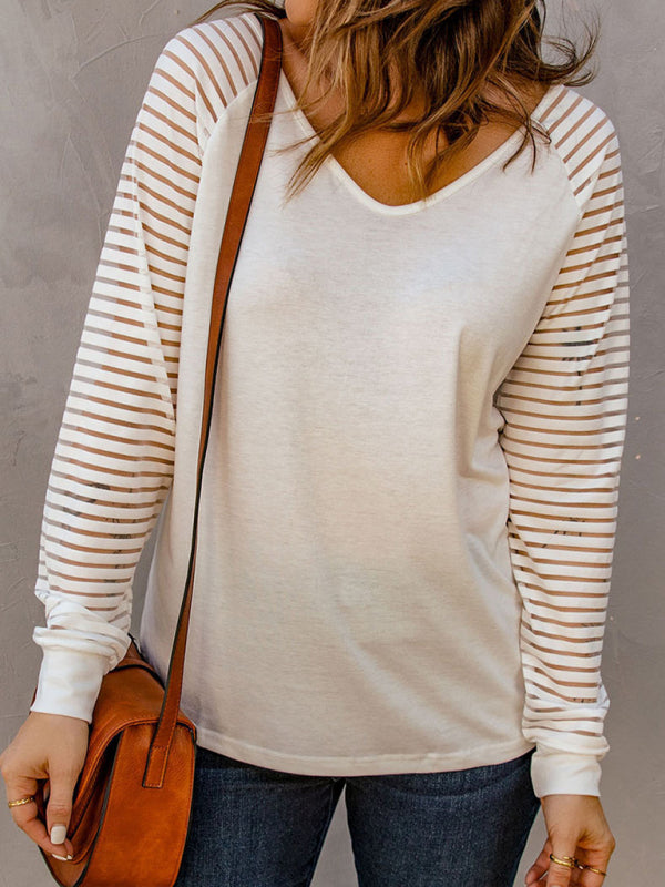 Kaitlyn Women's Stitching See-Through Striped Long-Sleeved V-Neck T-Shirt