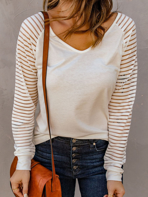 Kaitlyn Women's Stitching See-Through Striped Long-Sleeved V-Neck T-Shirt