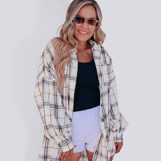 Farrah New Checkered Long-Sleeved Shirt Hip-Covering Loose Cardigan All-Match Shirt