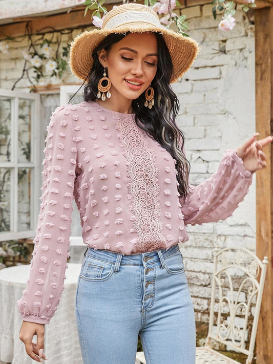 Louisa Women's Round Neck Balloon Sleeve Solid Color Lace Shirt