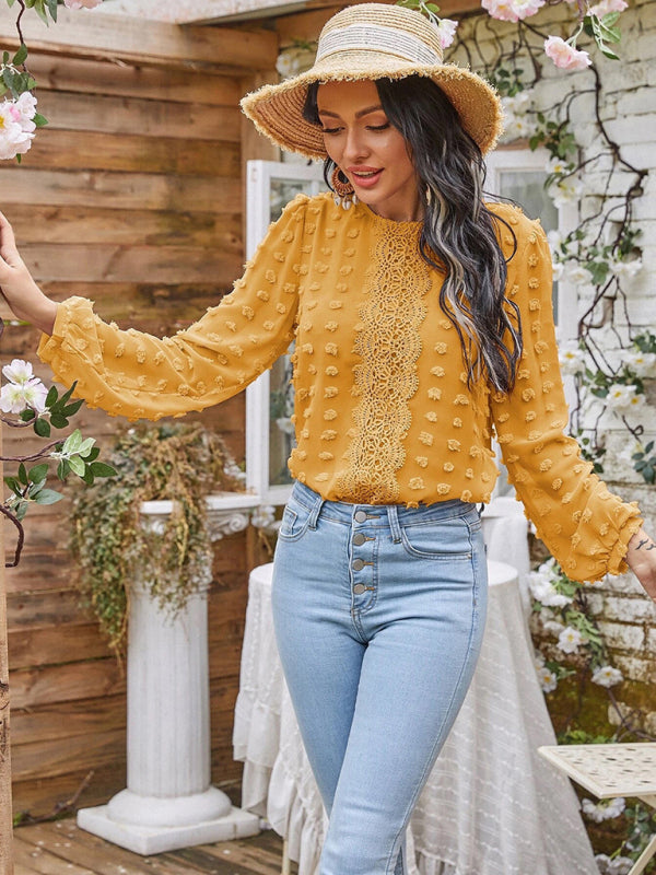 Louisa Women's Round Neck Balloon Sleeve Solid Color Lace Shirt