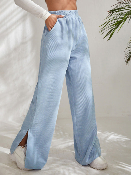 Charlotte Women's solid color corduroy paneled slit wide-leg trousers