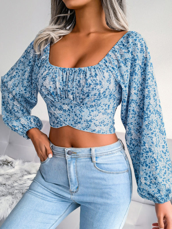 Shira Lantern Sleeve Bowknot Floral Chiffon Shirt Holiday Style Crop Top
