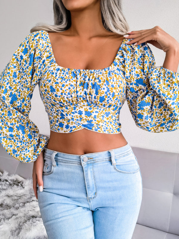 Shira Lantern Sleeve Bowknot Floral Chiffon Shirt Holiday Style Crop Top