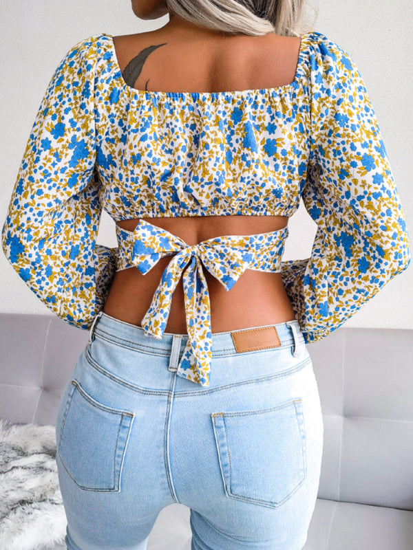 Shira Lantern Sleeve Bowknot Floral Chiffon Shirt Holiday Style Crop Top