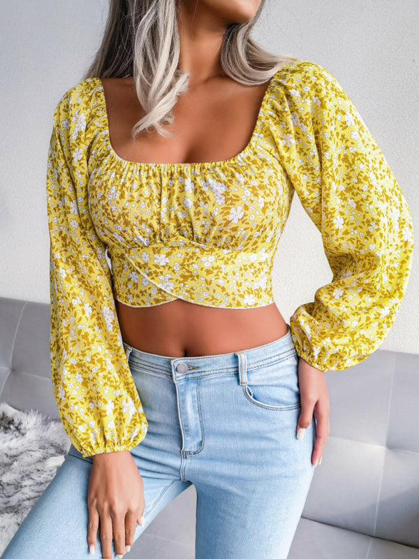 Shira Lantern Sleeve Bowknot Floral Chiffon Shirt Holiday Style Crop Top
