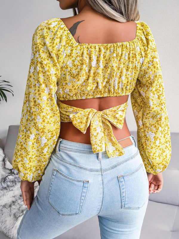 Shira Lantern Sleeve Bowknot Floral Chiffon Shirt Holiday Style Crop Top