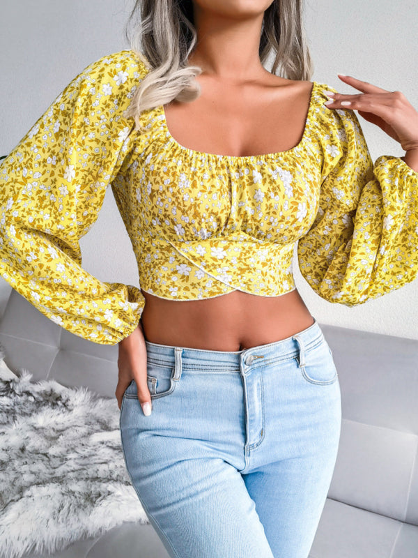 Shira Lantern Sleeve Bowknot Floral Chiffon Shirt Holiday Style Crop Top