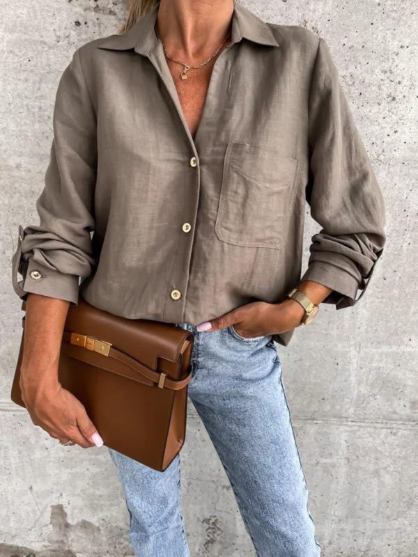 Bethel Women's New Simple Solid Color Pull-Sleeve V-Neck Button Lapel Shirt