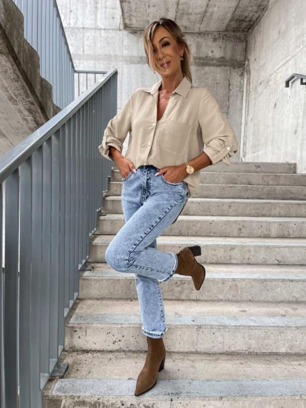 Bethel Women's New Simple Solid Color Pull-Sleeve V-Neck Button Lapel Shirt