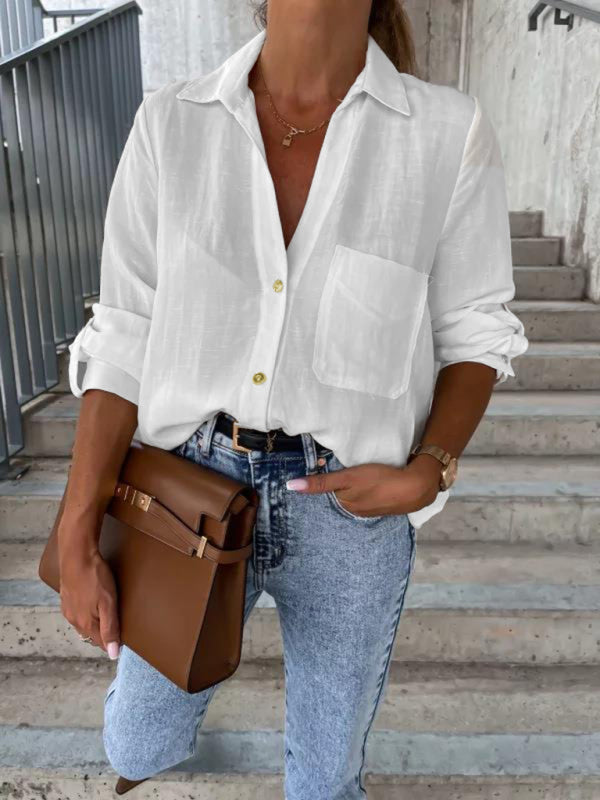 Bethel Women's New Simple Solid Color Pull-Sleeve V-Neck Button Lapel Shirt