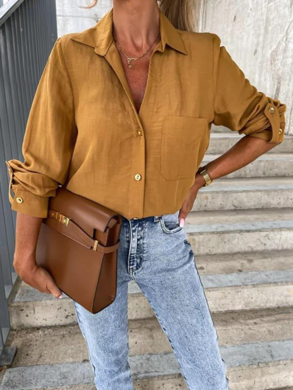 Bethel Women's New Simple Solid Color Pull-Sleeve V-Neck Button Lapel Shirt