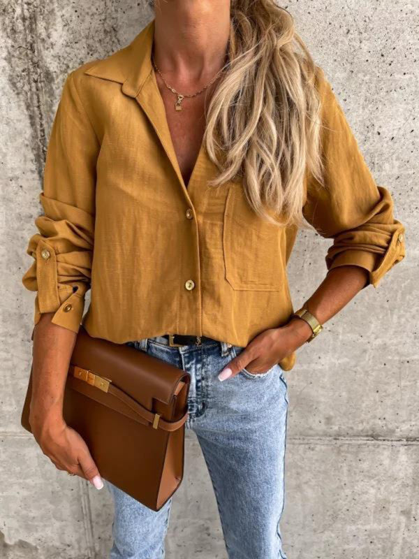 Bethel Women's New Simple Solid Color Pull-Sleeve V-Neck Button Lapel Shirt