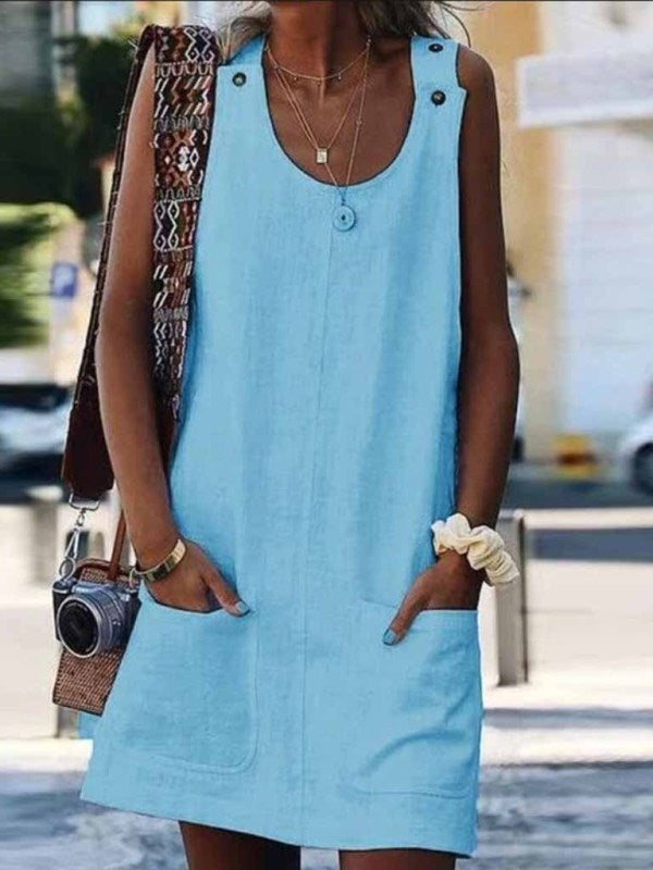 Adelyn New Ladies Pocket Button Cotton Linen Suspender Casual Dress