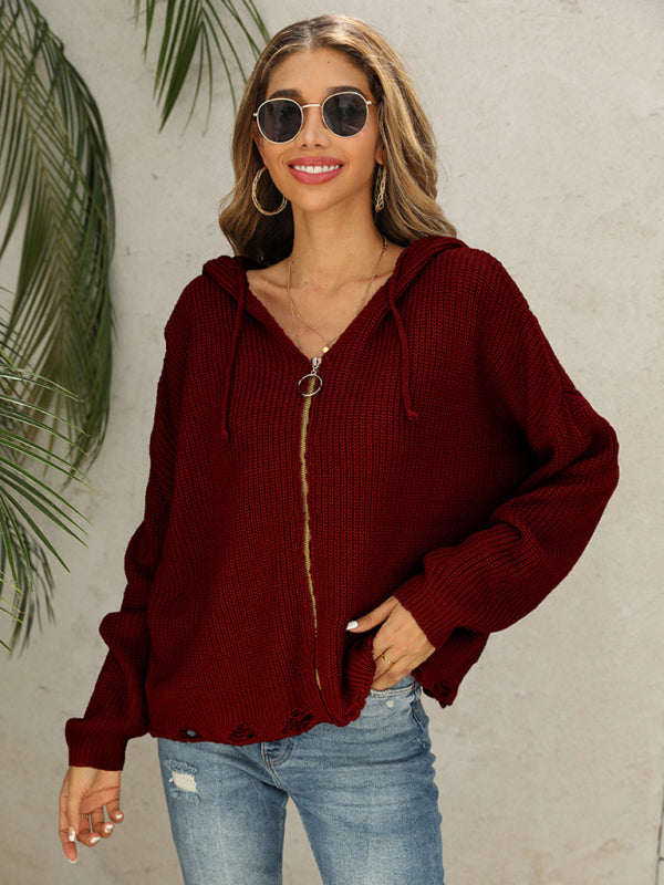 Alyson New Hooded Hole Cardigan Knitted Jacket Sweater