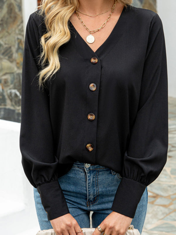 Kenya Ladies Long Sleeve Deep V Button Chiffon Shirt