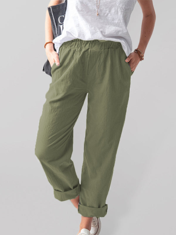 Kai New style solid color casual elastic high waist straight trousers women