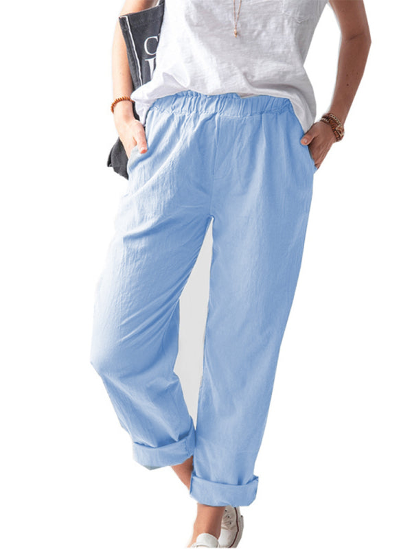Kai New style solid color casual elastic high waist straight trousers women