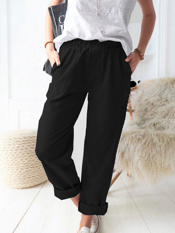 Kai New style solid color casual elastic high waist straight trousers women