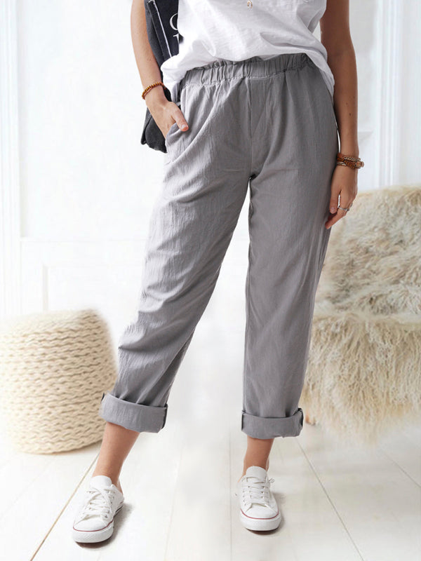 Kai New style solid color casual elastic high waist straight trousers women