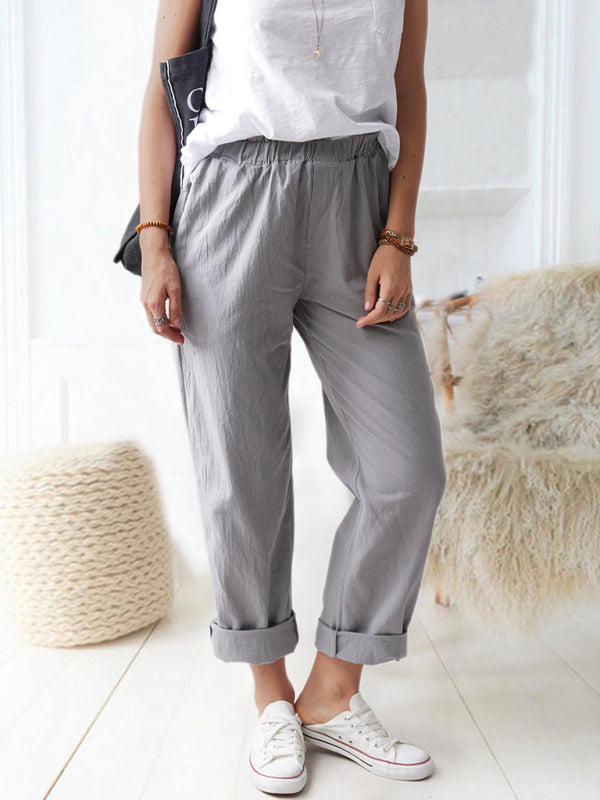 Kai New style solid color casual elastic high waist straight trousers women