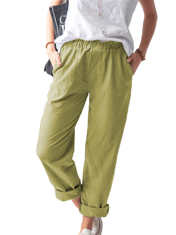 Kai New style solid color casual elastic high waist straight trousers women