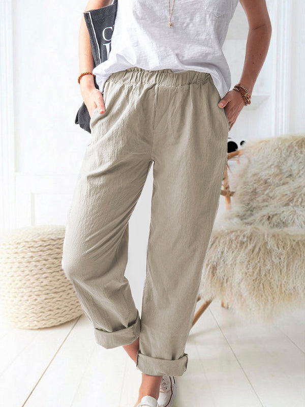 Kai New style solid color casual elastic high waist straight trousers women