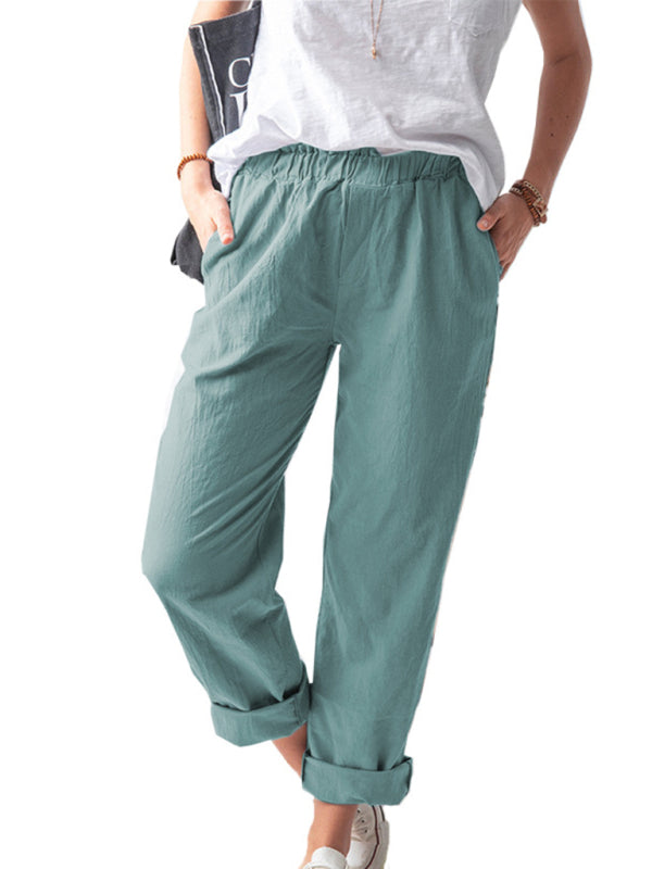 Kai New style solid color casual elastic high waist straight trousers women