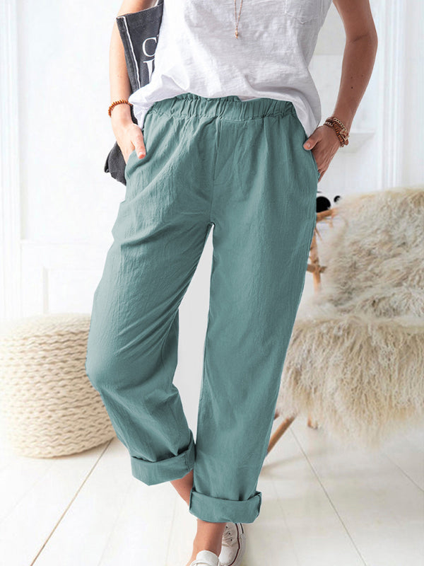 Kai New style solid color casual elastic high waist straight trousers women