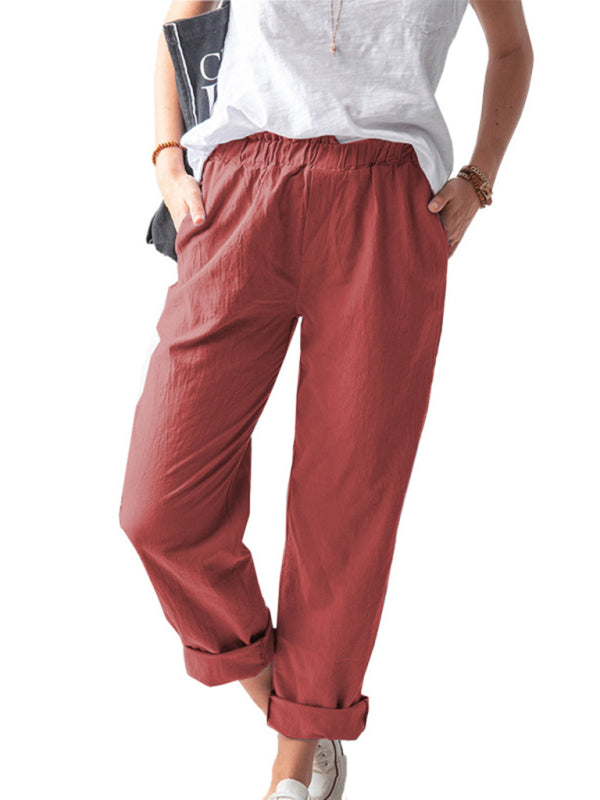 Kai New style solid color casual elastic high waist straight trousers women