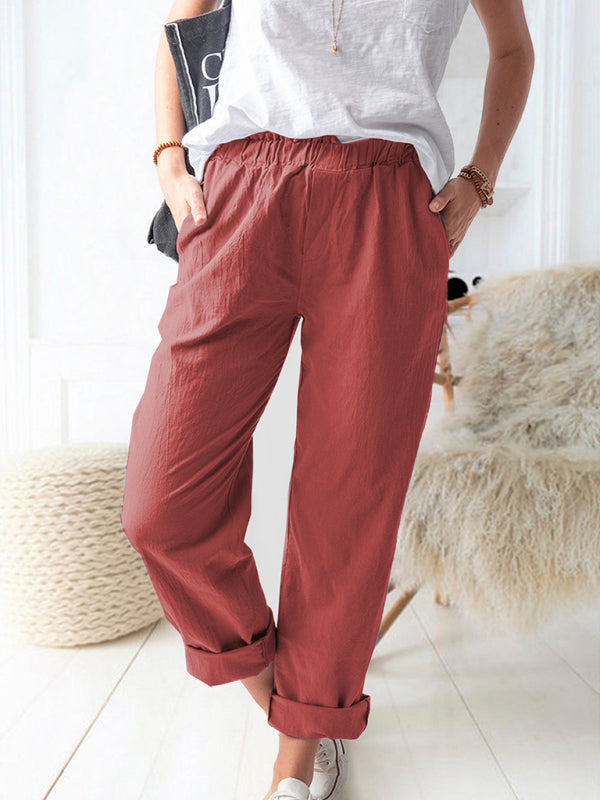 Kai New style solid color casual elastic high waist straight trousers women