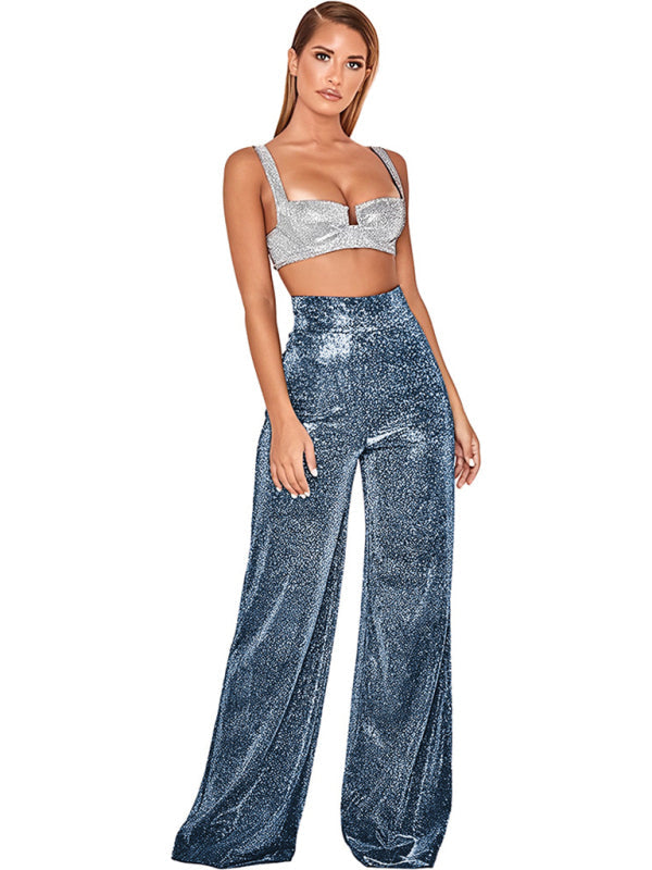 Scarlet Hot Silver Wide Leg Pants High Waist Straight Ladies Casual Pants
