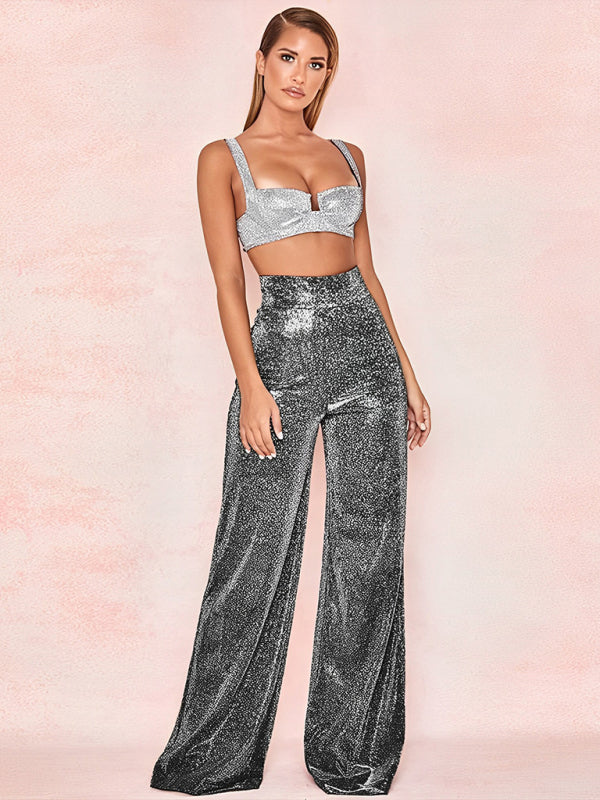Scarlet Hot Silver Wide Leg Pants High Waist Straight Ladies Casual Pants