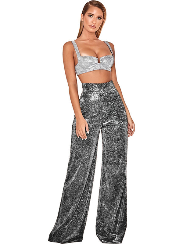 Scarlet Hot Silver Wide Leg Pants High Waist Straight Ladies Casual Pants