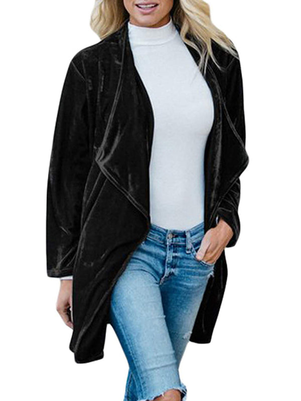 Alma Women's Casual Gold Velvet Mid-Length Trench Coat With Large Lapel