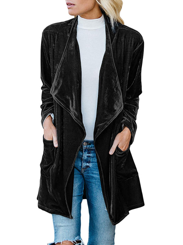 Alma Women's Casual Gold Velvet Mid-Length Trench Coat With Large Lapel