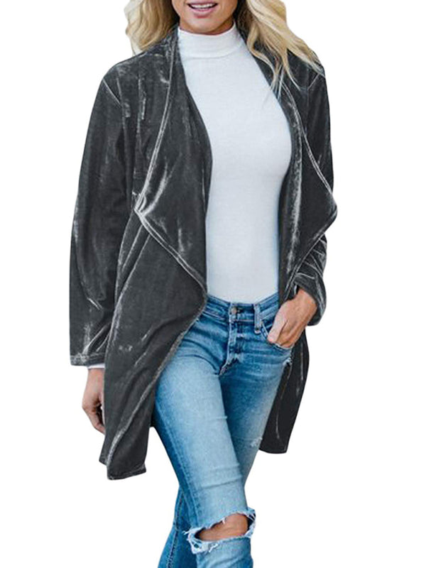 Alma Women's Casual Gold Velvet Mid-Length Trench Coat With Large Lapel