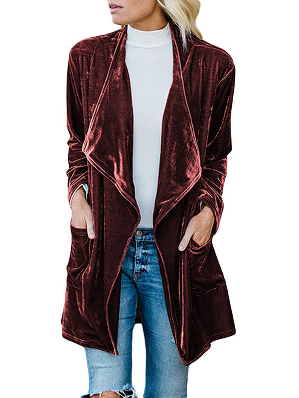 Alma Women's Casual Gold Velvet Mid-Length Trench Coat With Large Lapel