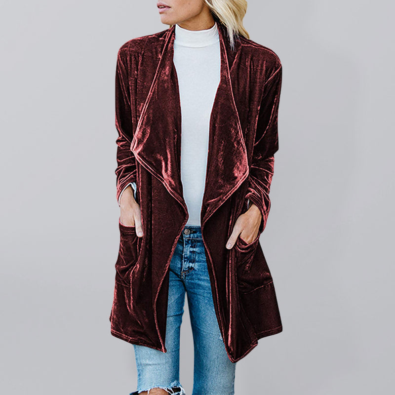 Alma Women's Casual Gold Velvet Mid-Length Trench Coat With Large Lapel