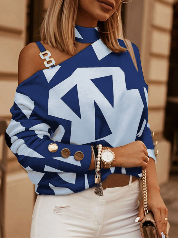 Maddalena Check Geometric Pattern Print Long Sleeve Chain Halter Print Button Top